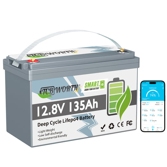 12V 135AH BLUETOOTH LiFePo4 Battery,15000 Deep Cycles with 100A BMS,TCBWORTH for RV,Trolling Motors,Campers,Solar,Marine,Caravans,Group 31 Smart Lithium Battery