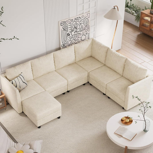 Techmilly Modular Sectional Couch, 7 Seats L Shaped Couch with Storage, Modern Chenille Sofa Set with USB Charging Ports, Comfy Couches with Chaise for Living Room, Office, Beige