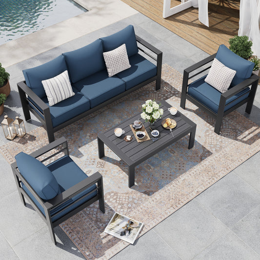 Poteban Aluminum Patio Furniture,Outdoor Metal Sectional Sofa with Table and Waterproof Covers,Blue Modern Patio Furniture Set for Garden Backyard (6-Piece)