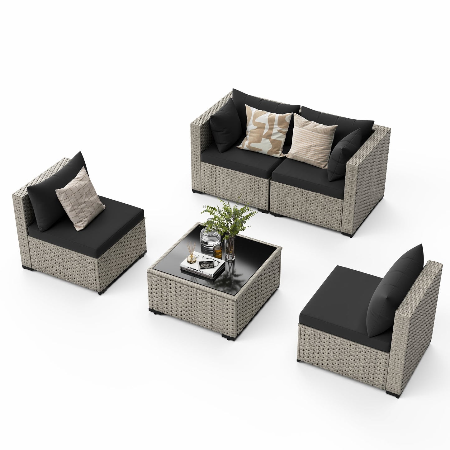 Amopatio 5 Pieces Patio Conversation Set, Outdoor Sectional PE Rattan Wicker Furniture Seat,BLACK