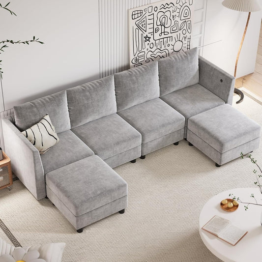 Techmilly Modular Sectional Couch, 6 Seats L Shaped Couch with Storage, Modern Chenille Sofa Set with USB Charging Ports, Comfy Couches with Chaise for Living Room, Office, Light Grey