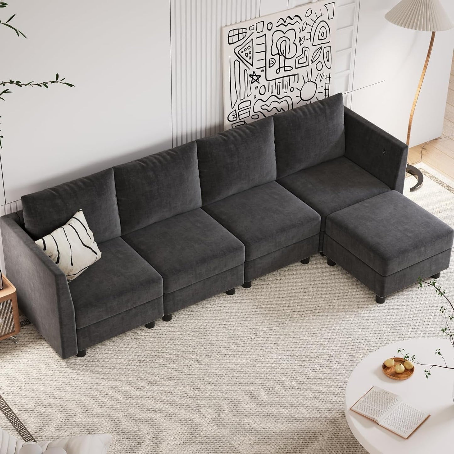 Techmilly Modular Sectional Couch, 5 Seats L Shaped Couch with Storage, Modern Chenille Sofa Set with USB Charging Ports, Comfy Couches with Chaise for Living Room, Office, Dark Grey