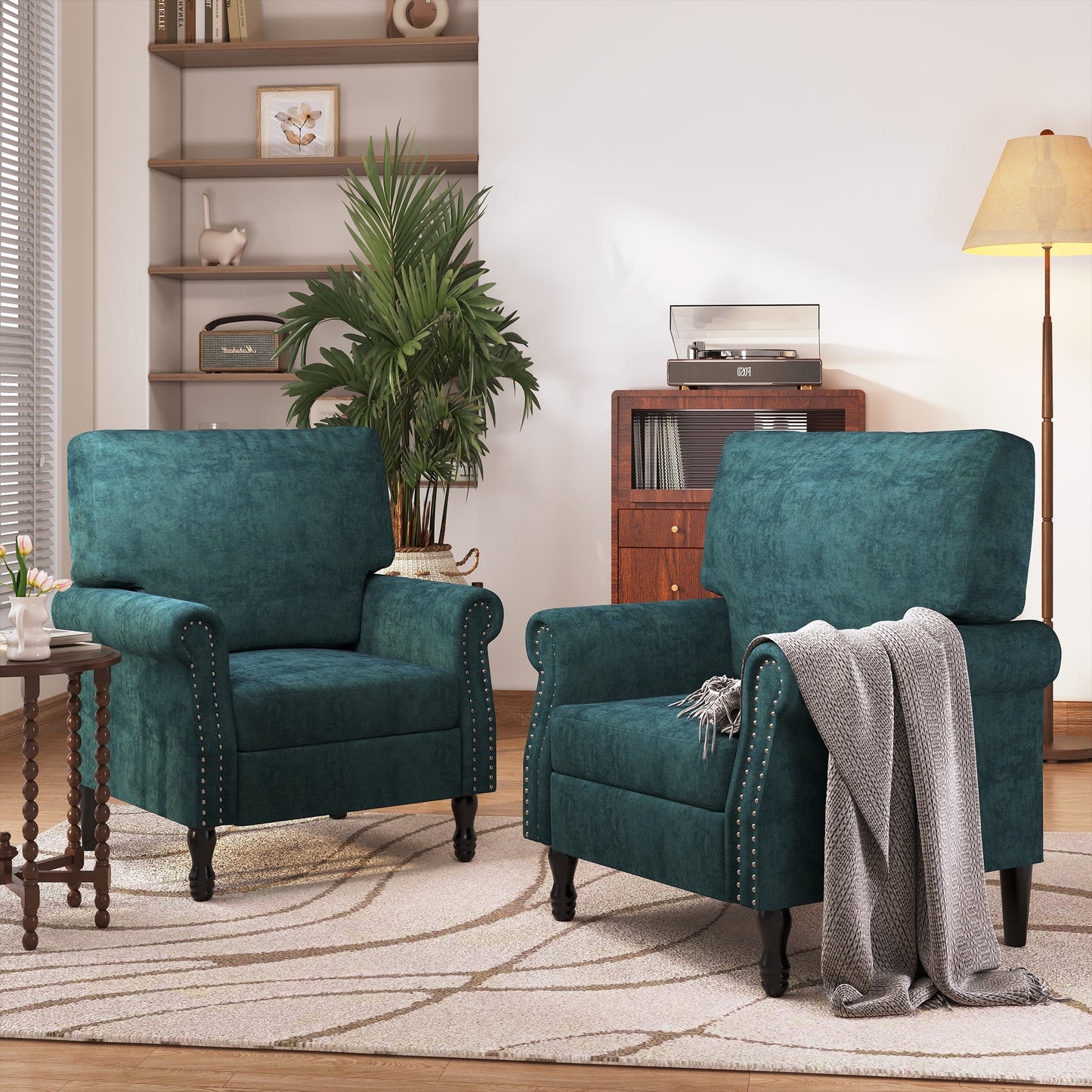 Techmilly Modern Upholstered Accent Chair Set of 2, Fabric Living Room Armchair, Single Sofa Chair with Lounge Seat and Wood Legs for Bedroom/Office/Reading Spaces, Emerald