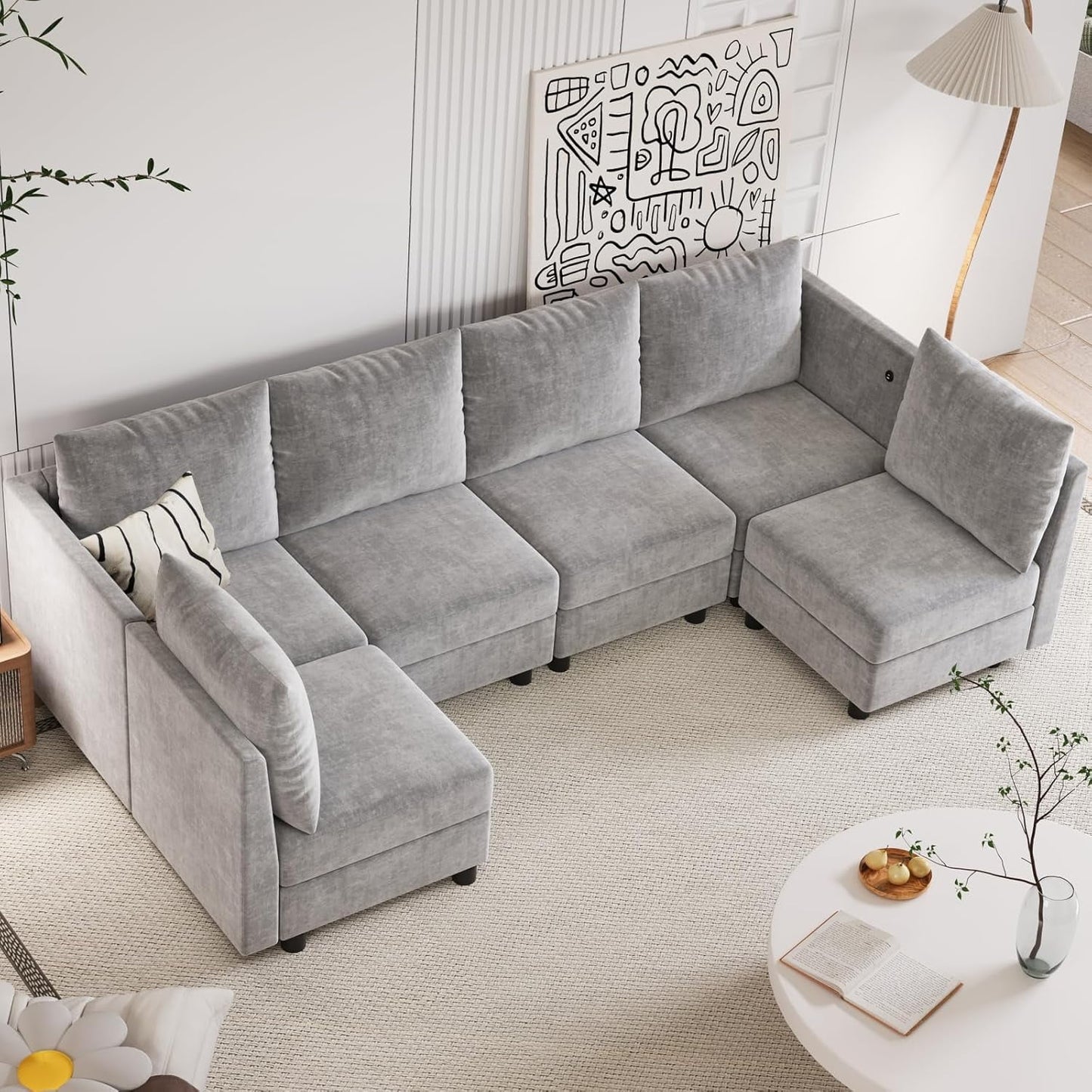 Techmilly Sleeper Sectional Sofa, Modern Chenille Sofa Set with USB Charging Ports, 6 Seats Sleeper Sofa with Lagre Storage, Comfy Convertible Sleeper Couch with Chaise for Living Room, Light Grey