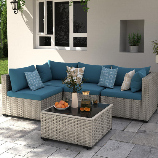 Amopatio 5 Pieces Patio Conversation Set, Outdoor Sectional PE Rattan Wicker Furniture Seat,Peacock Blue