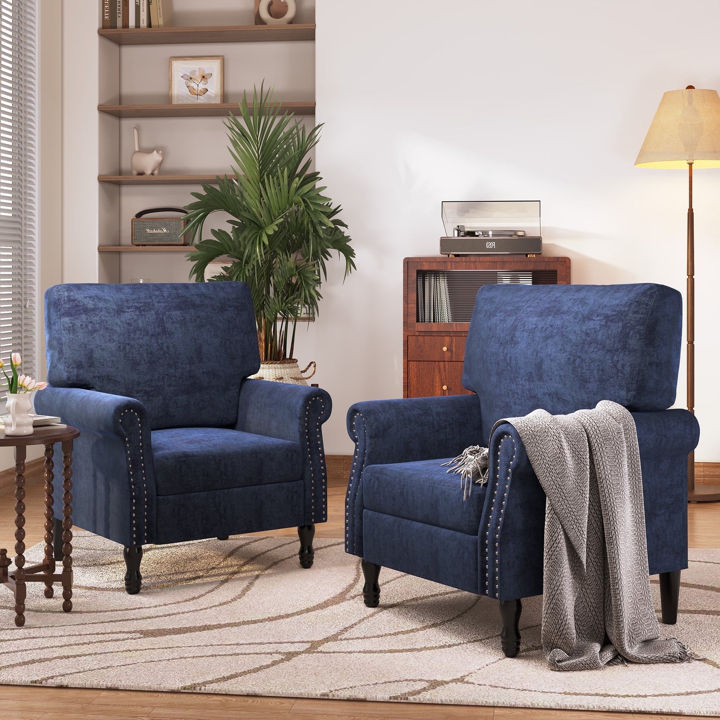 Techmilly Modern Upholstered Accent Chair Set of 2, Fabric Living Room Armchair, Single Sofa Chair with Lounge Seat and Wood Legs for Bedroom/Office/Reading Spaces, Navy