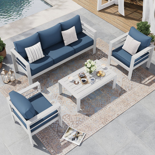 Poteban Aluminum Patio Furniture,Outdoor Metal Sectional Sofa with Table and Waterproof Covers,Blue Modern Patio Furniture Set for Garden Backyard (6-Piece)