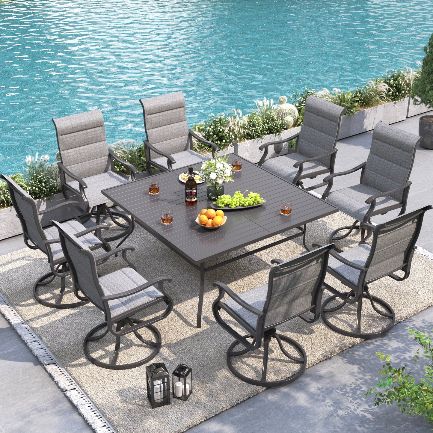 UDPATIO Patio Swivel Dining Chairs Set of 8, Outdoor Swivel Chairs High Back with All Weather Padded Textilene, Metal Rocking Frame for Lawn Garden Backyard, Grey White