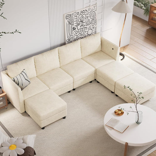 Techmilly Modular Sectional Sofa, Modern Chenille Sofa Set with USB Charging Ports, 7 Seats U Shaped Couch with Lagre Storage, Comfy Convertible Couches with Chaise for Living Room, Beige