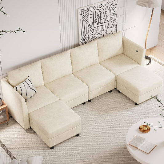 Techmilly Modular Sectional Sofa, Modern Chenille Sofa Set with USB Charging Ports, 6 Seats U Shaped Couch with Lagre Storage, Comfy Convertible Couches with Chaise for Living Room, Beige