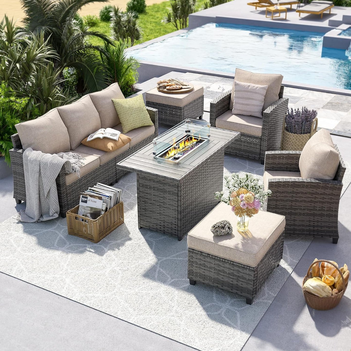 Poteban Patio Furniture Set with 44" Fire Pit Table, 6 Pieces Outdoor Sectional Conversation Sets, All-Weather Wicker Rattan Sofa Ottoman with 4" Thick Cushion for Garden Backyard Deck, Khaki