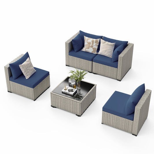 Amopatio 5 Pieces Patio Conversation Set, Outdoor Sectional PE Rattan Wicker Furniture Seat,NAVY