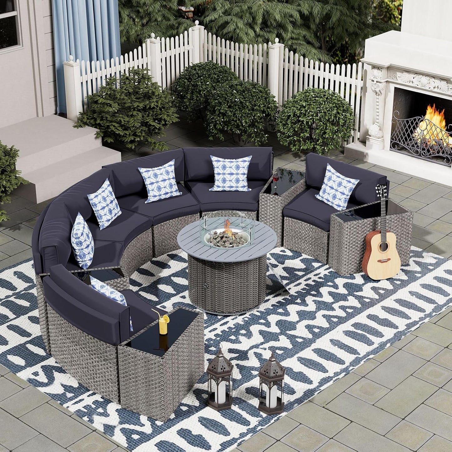 UDPATIO Patio Furniture Set Integrated Outdoor Sectional Fire Pit Table 11 Pieces Grey Rattan Modular Curved Sofa Set with Propane Fire Pit,Wicker Side Table,6 Pillows,Fit for Backyard,PoolsideBlue