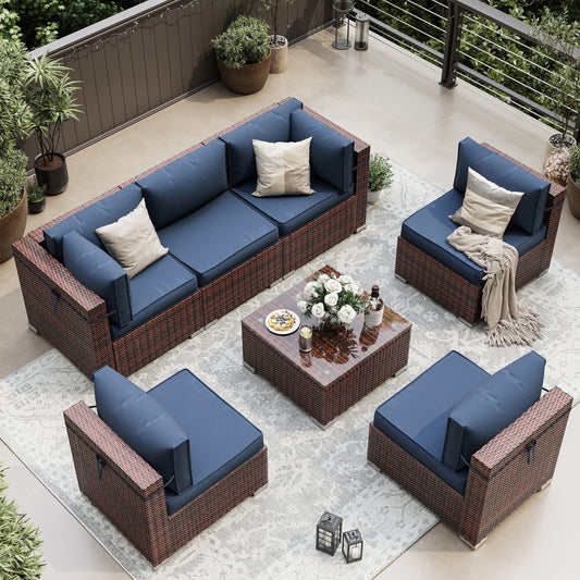 UDPATIO Patio Furniture Sets, Modular Rattan Outdoor Patio Sectional Furniture Sofa Set, Wicker Patio Conversation Set for Backyard, Deck, Poolside w/Glass Coffee Table, 7PC Blue (Include Sofa Cover)