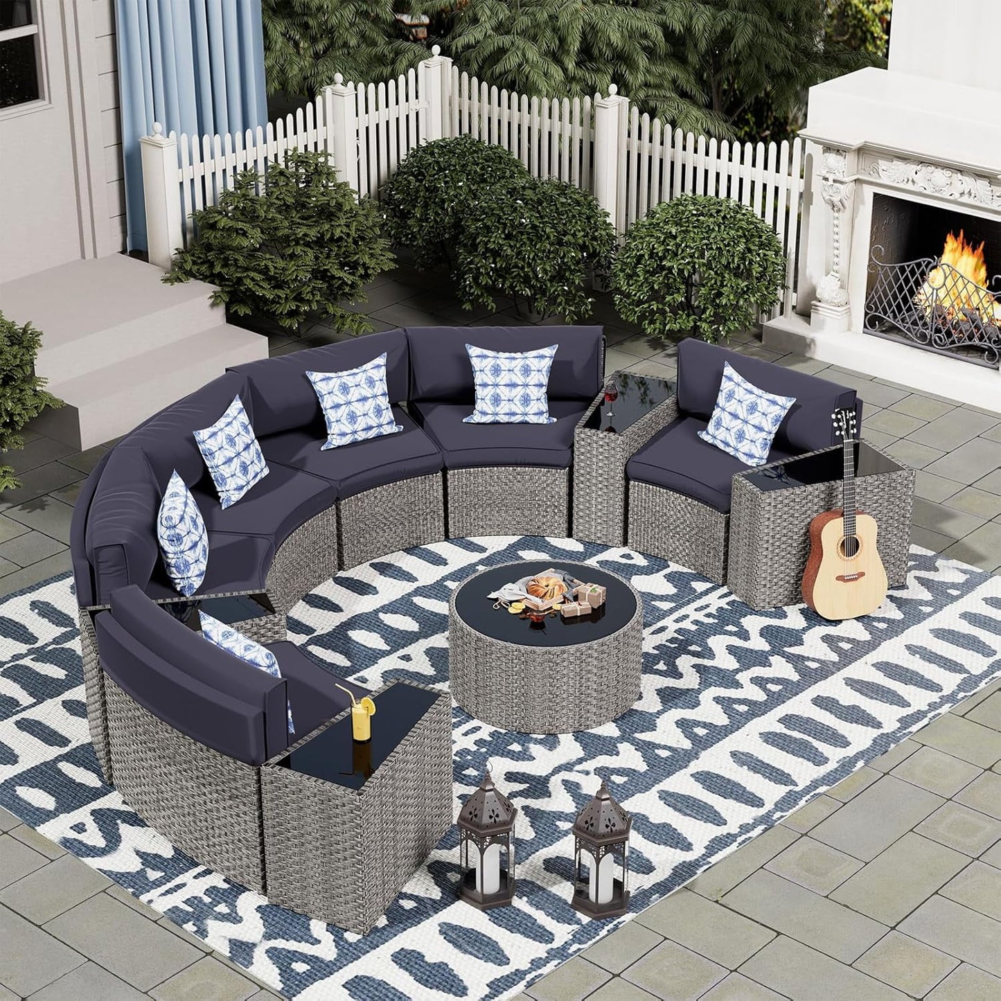 UDPATIO Patio Furniture Set Integrated Outdoor Sectional 11 Pieces Grey Rattan Modular Curved Sofa Set with Wicker Round Coffee Table,Side Table,6Pillows,Fit for Backyard,Pool,Balcony,Sunroom(Blue)