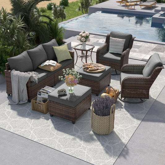 Poteban Patio Furniture Swivel Rocking Chair Sets, 6 Pieces Outdoor Conversation Sectional Furniture, Wicker Rattan Sofa with Rocking Chair, Ottomans, Side Table, Dark Grey Cushion