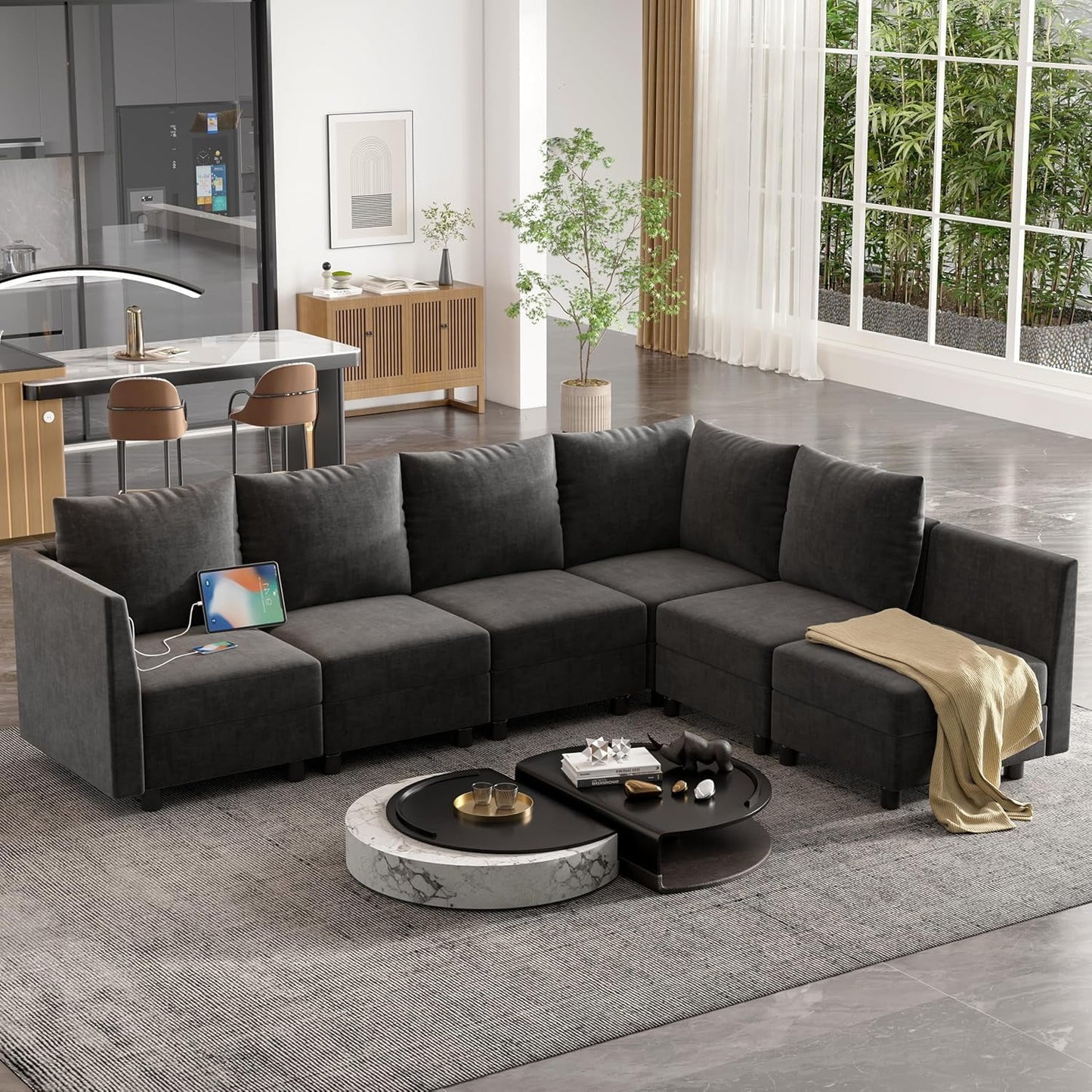 Techmilly Sleeper Sectional Sofa, Modern Chenille Sofa Set with USB Charging Ports, 6 Seats Sleeper Sofa with Lagre Storage, Comfy Convertible Sleeper Couch with Chaise for Living Room, Dark Grey