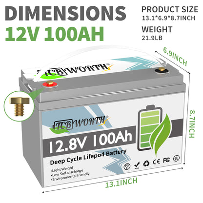 12V 100Ah BCI Group 31 LiFePO4 Battery with 10a charger,15000+ Deep Cycles,Built in 100A BMS,TCBWORTH Lithium Batteries
