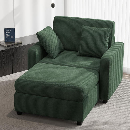 YOUDENOVA Chaise Lounge Chair Indoor, 42" Sleeper Chair with Two Throw Pillows and Armrests, Corduroy Chaise Couch Chair with Ottoman for Living Room, Bedroom, Apartment, Green