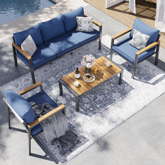 Poteban Aluminum Patio Furniture Set, Modern Metal Patio Furniture Outdoor Couch for Poolside, Deck, Blue (Included Waterproof Covers)