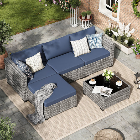 UDPATIO Patio Furniture Set 5 Pieces Modular Outdoor Couch with Glass Coffee Table, L Shaped Wicker Sectional Sofa Patio Conversation Set for Backyard Porch Balcony