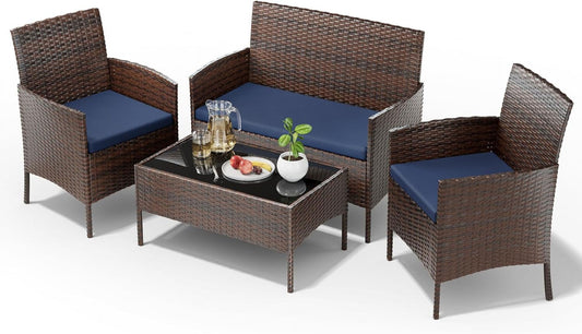 UDPATIO Patio Furniture 4 Pieces Outdoor Wicker Rattan Chair Balcony Conversation Sets Porch Furniture Sectional Loveseat w Cushions and Table for Backyard Pool Garden (Brown-Blue)