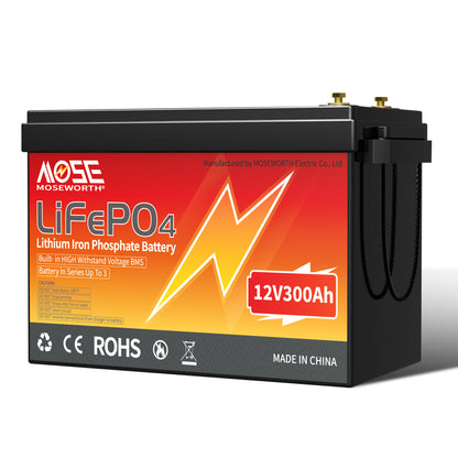 12V 300Ah LiFePO4 Battery,200A BMS,15000 Deep Cycles,MOSEWORTH Lithium Battery for RV,off-Grid,Solar,Motorhome and Boats