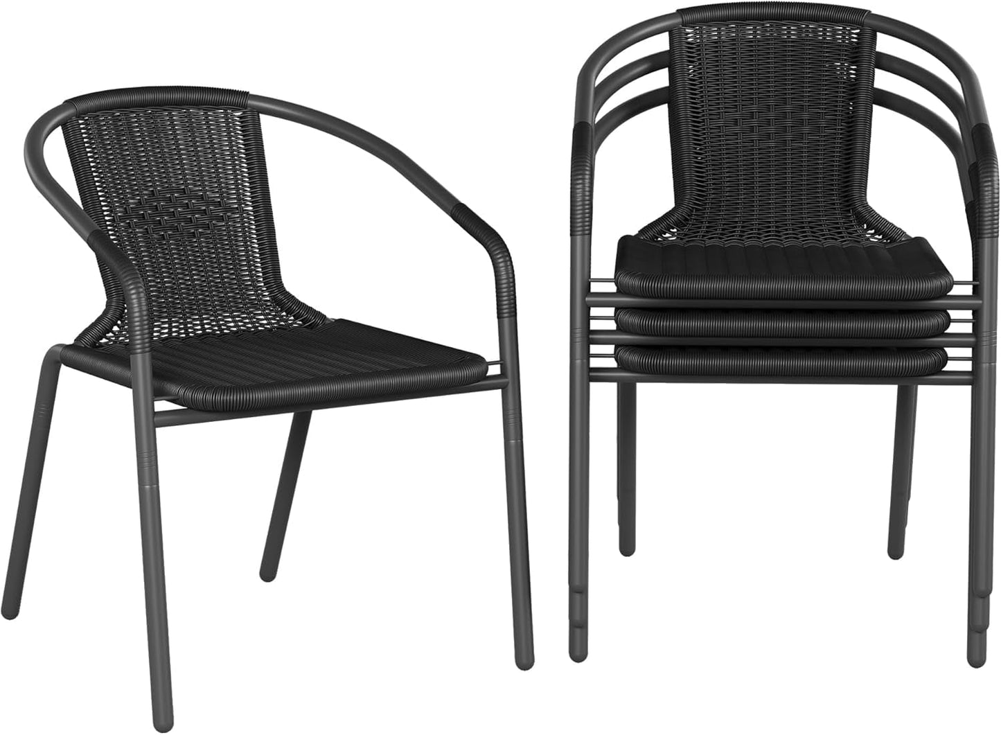 UDPATIO Rattan Patio Dining Chairs Set of 4, Wicker Stackable Outdoor Chairs with All Weather Curved Back & Metal Frame, for Indoor Bistro Restaurant Porch Deck, Black