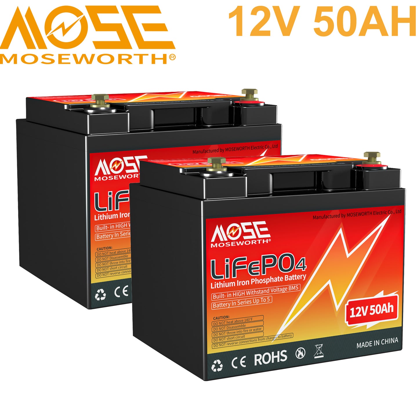 2Pack 12V 50Ah Lithium LiFePO4 Battery,15000 Deep Cycles,MOSEWORTH for RV,Solar,off Grid,Boat