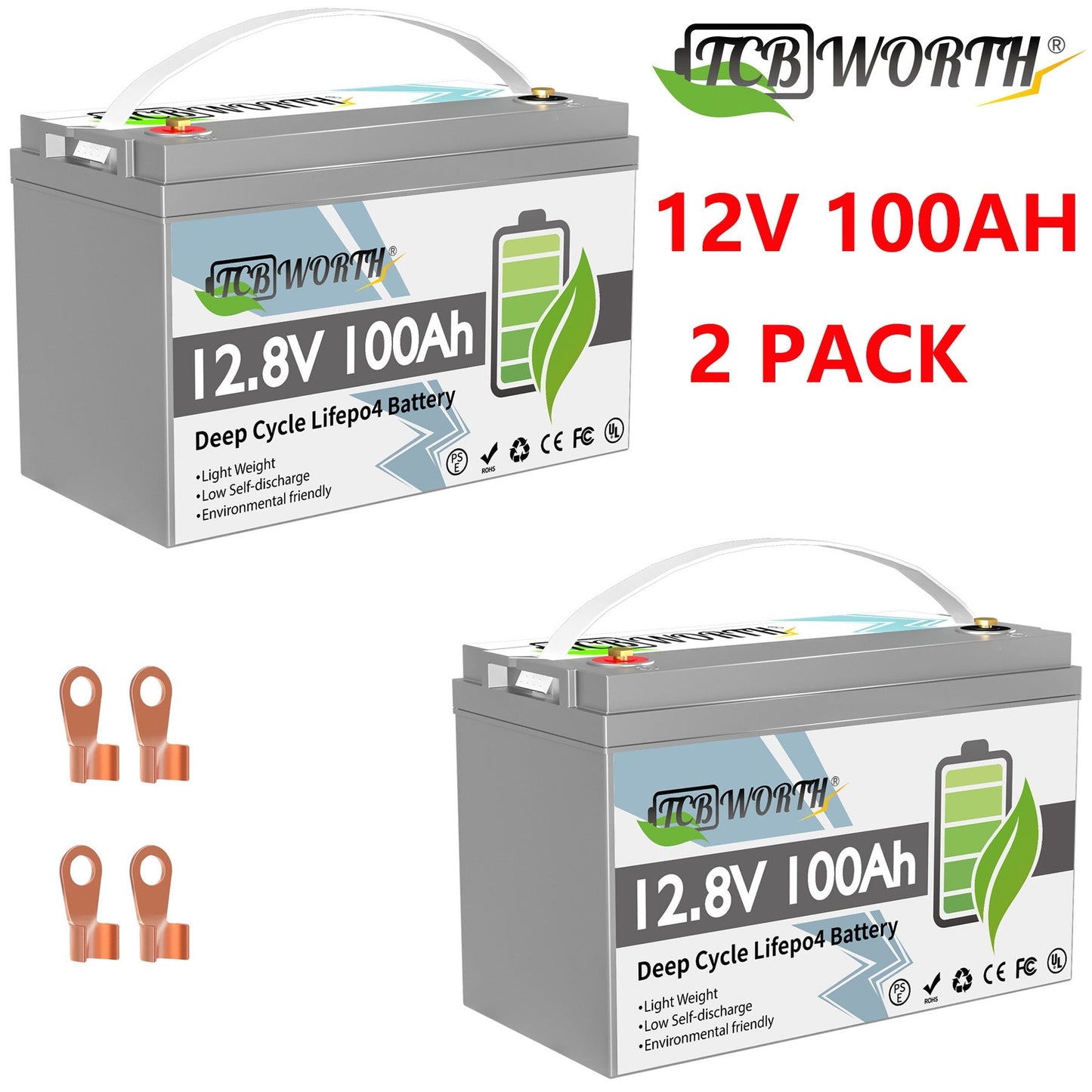 2Pack 12V 100Ah LiFePO4 Batteries Built-in 100A BMS,up to 10000+ Cycles,TCBWORTH for RV,Solar,Marine,4P4S