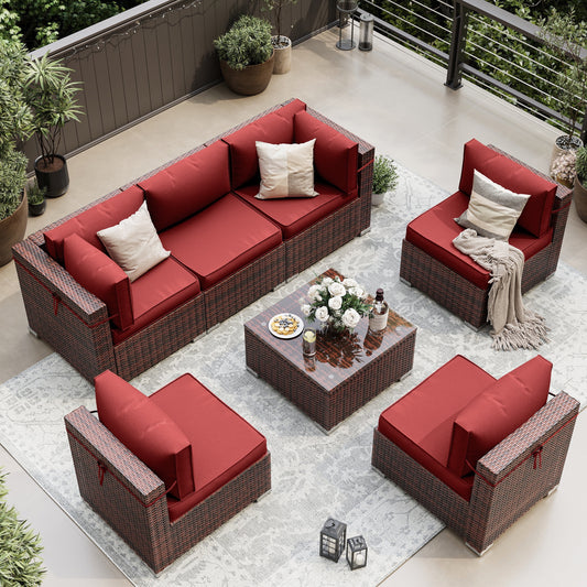 UDPATIO Patio Furniture Sets, Modular Rattan Outdoor Patio Sectional Furniture Sofa Set, Wicker Patio Conversation Set for Backyard, Deck, Poolside w Coffee Table, 7PC Red (Include Sofa Cover)