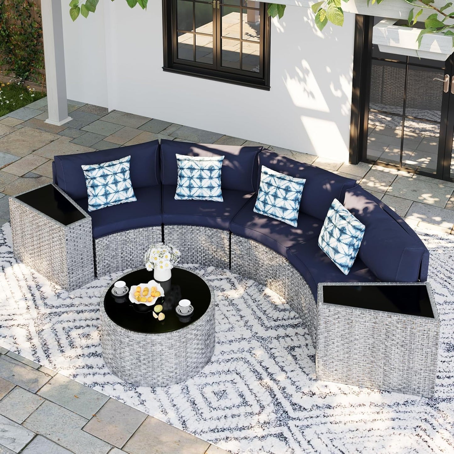 UDPATIO Patio Furniture Set Integrated Outdoor Sectional 7 Pieces Grey Rattan Modular Curved Sofa Set with Wicker Round Coffee Table,Side Table,4Pillows,Fit for Backyard,Pool,Balcony,Sunroom(Blue)