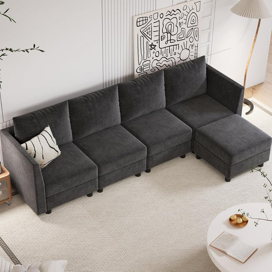 Techmilly Modular Sectional Sofa, Modern Chenille Sofa Set with USB Charging Ports, 5 Seats L Shaped Couch with Lagre Storage, Comfy Convertible Couches with Chaise for Living Room, Dark Grey