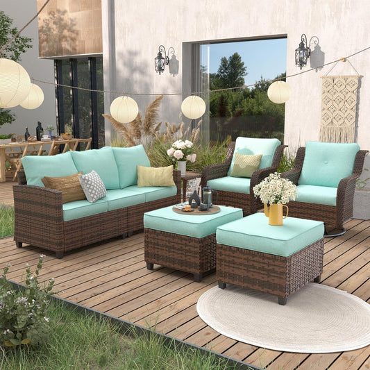 Poteban Patio Furniture Swivel Rocking Chair Sets, 6 Pieces Outdoor Conversation Sectional Furniture, Wicker Rattan Sofa with Rocking Chair, Ottomans, Side Table, Light Blue Cushion