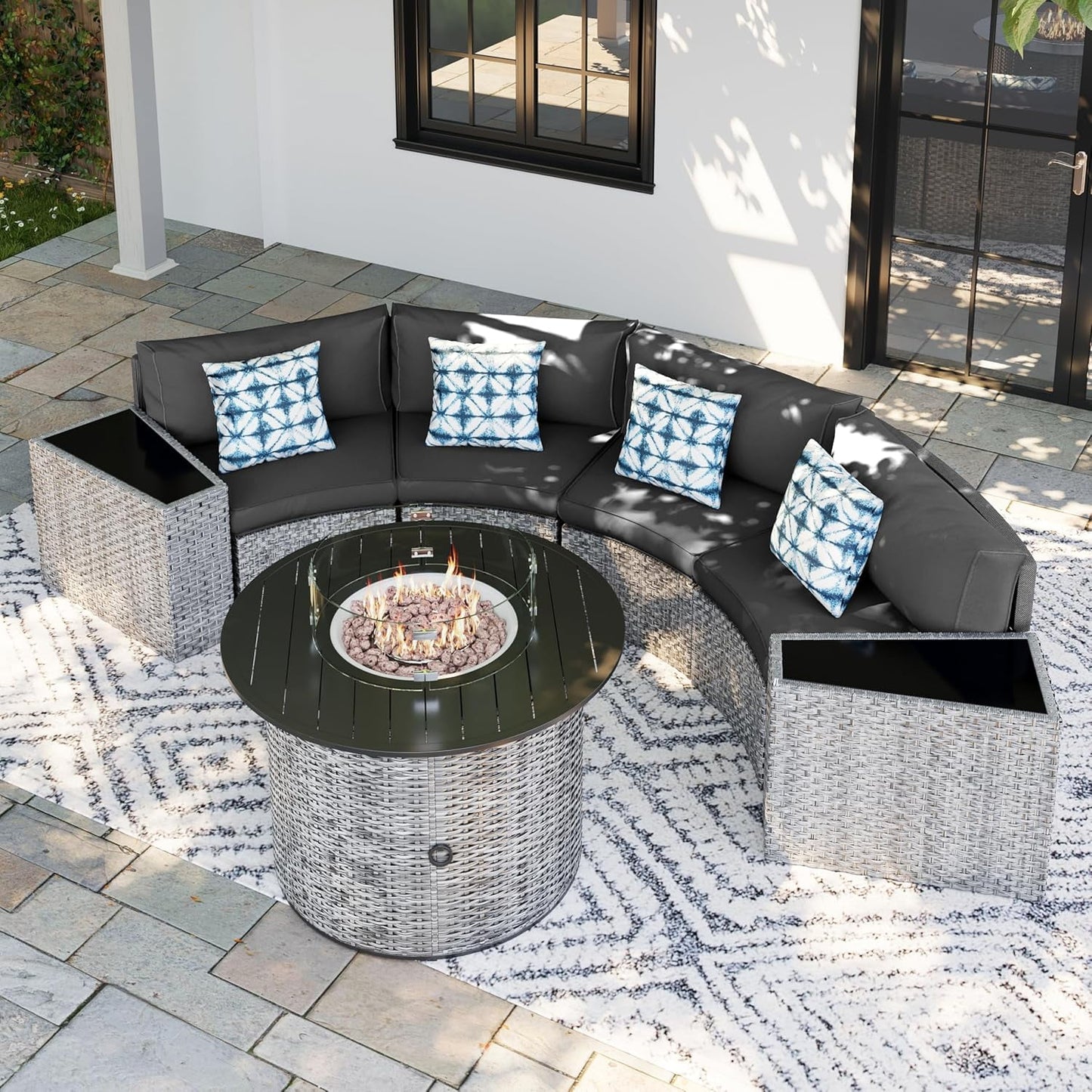 UDPATIO Patio Furniture Set Integrated Outdoor Sectional Fire Pit Table 7 Pieces Grey Rattan Modular Curved Sofa Set with Propane Fire Pit,Wicker Side Table,4Pillows,Fit for Backyard,Poolside(Grey)