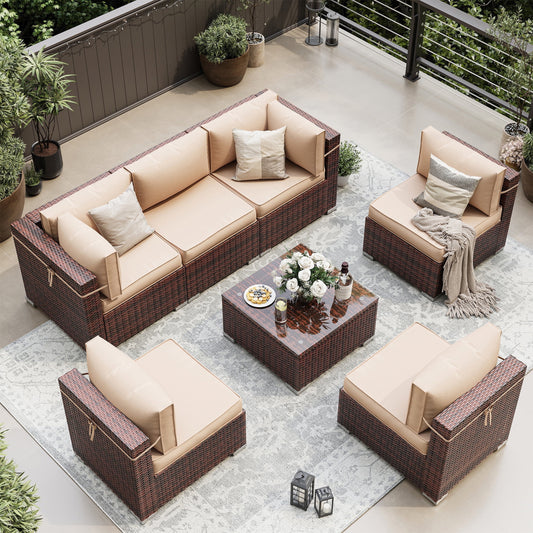 UDPATIO Patio Furniture Sets, Modular Rattan Outdoor Patio Sectional Furniture Sofa Set, Wicker Patio Conversation Set for Backyard, Deck, Poolside w/Coffee Table, 7PC Khaki (Include Sofa Cover)