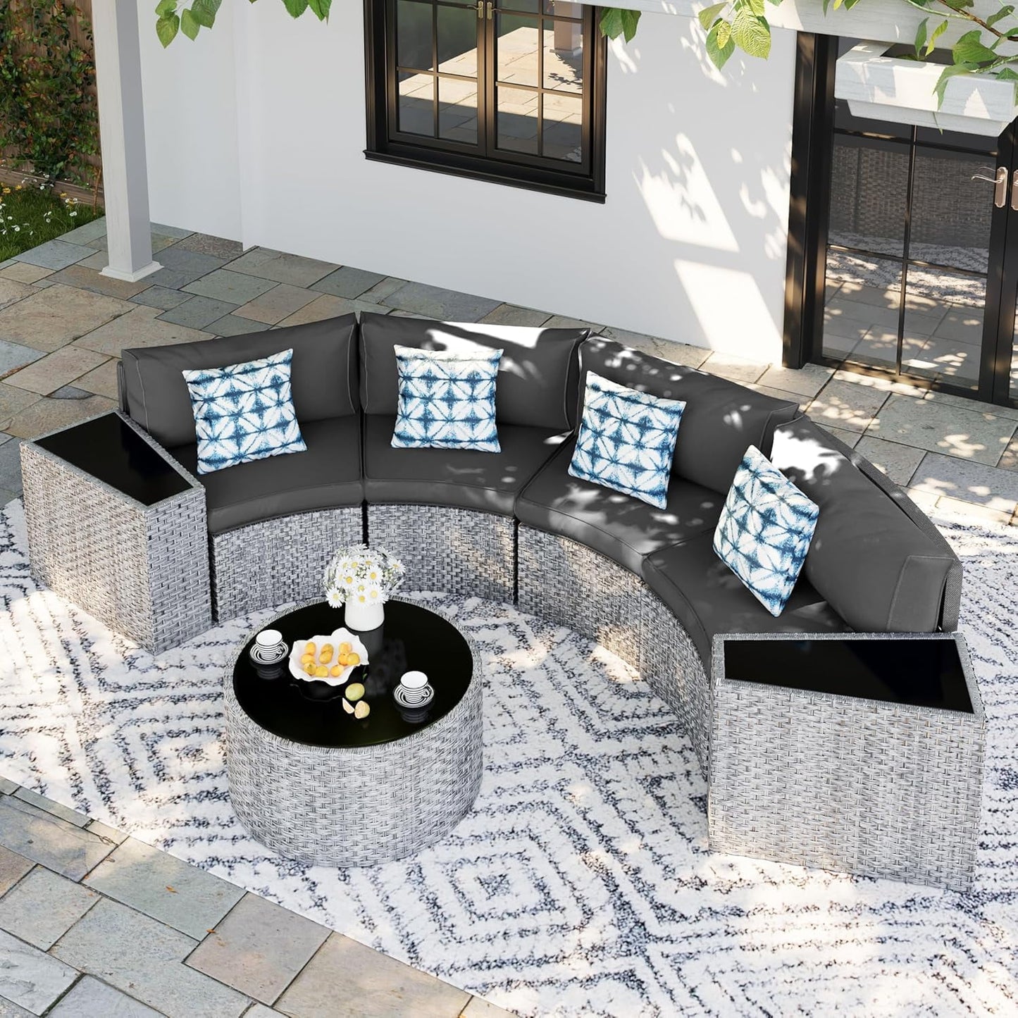 UDPATIO Patio Furniture Set Integrated Outdoor Sectional 7 Pieces Grey Rattan Modular Curved Sofa Set with Wicker Round Coffee Table,Side Table,4Pillows,Fit for Backyard,Pool,Porch,Balcony(Grey)