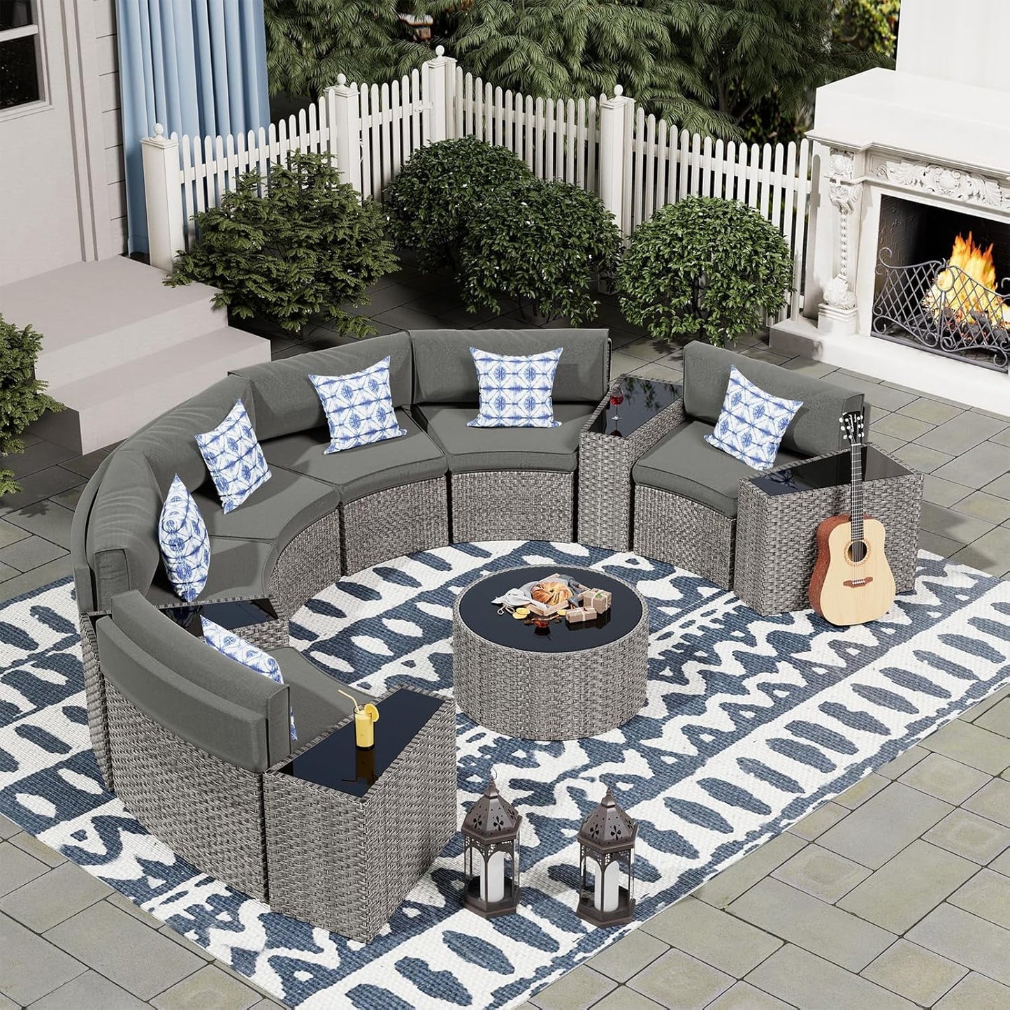 UDPATIO Patio Furniture Set Integrated Outdoor Sectional 11 Pieces Grey Rattan Modular Curved Sofa Set with Wicker Round Coffee Table,Side Table,6Pillows,Fit for Backyard,Pool,Porch,Balcony(Grey)