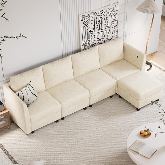 Techmilly Modular Sectional Sofa, Modern Chenille Sofa Set with USB Charging Ports, 5 Seats L Shaped Couch with Lagre Storage, Comfy Convertible Couches with Chaise for Living Room, Beige