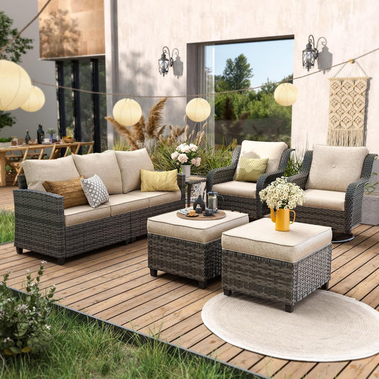 Poteban Patio Furniture Swivel Rocking Chair Sets, 6 Pieces Outdoor Conversation Sectional Furniture, Wicker Rattan Sofa with Rocking Chair, Ottomans, Side Table, Khaki Cushion