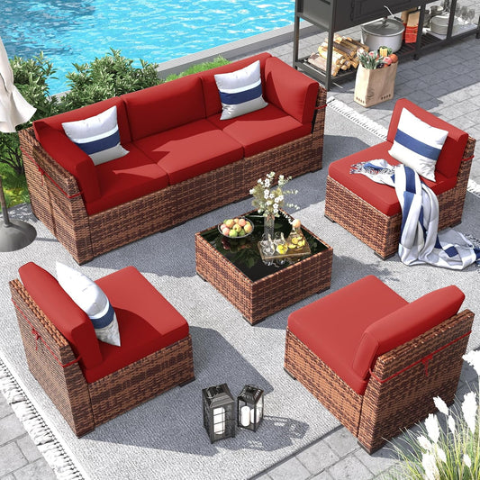 Poteban 7 Pieces Outdoor Sectional Sofa Set with Waterproof Cover, PE Wicker Rattan Slanted Back Outdoor Conversation with Cushions and Glass Coffee Table for Backyard Garden Dark, Wine Red