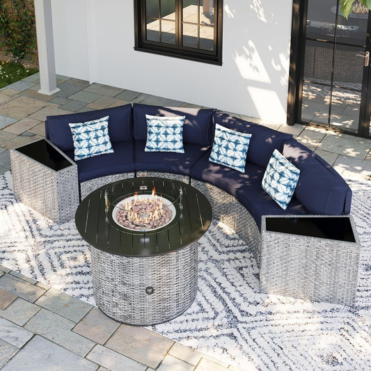 UDPATIO Patio Furniture Set Integrated Outdoor Sectional Fire Pit Table 7 Pieces Grey Rattan Modular Curved Sofa Set with Propane Fire Pit,Wicker Side Table,4Pillows,Fit for Backyard,Poolside(Blue)