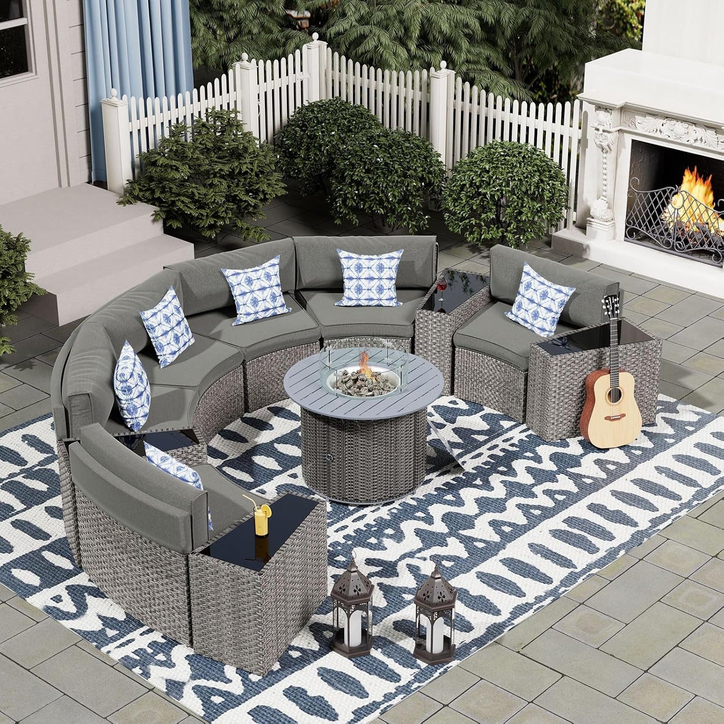 UDPATIO Patio Furniture Set Integrated Outdoor Sectional Fire Pit Table 11 Pieces Grey Rattan Modular Curved Sofa Set with Propane Fire Pit,Wicker Side Table,6 Pillows,Fit for Backyard,Poolside(Grey)