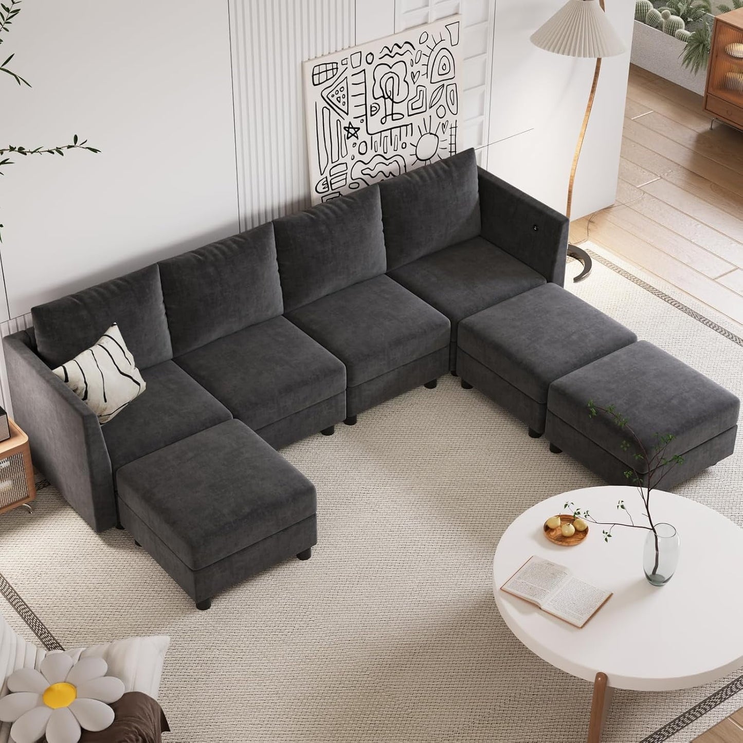 Techmilly Modular Sectional Sofa, Modern Chenille Sofa Set with USB Charging Ports, 7 Seats U Shaped Couch with Lagre Storage, Comfy Convertible Couches with Chaise for Living Room, Dark Grey