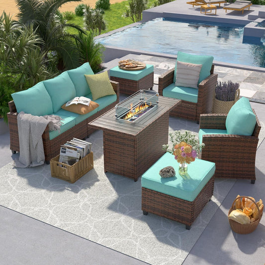 Poteban Patio Furniture Set with 44" Fire Pit Table, 6 Pieces Outdoor Sectional Conversation Sets, All-Weather Wicker Rattan Sofa Ottoman with 4" Thick Cushion for Garden Backyard Deck, Light Blue