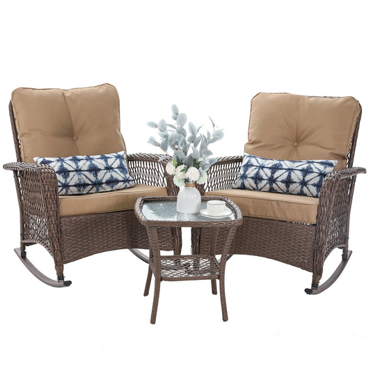 Amopatio 3 Piece Patio Set Rocking, Rattan Outdoor Rocking Patio Bistro Set with 2 Rockers and 1 Side Table with 4‘’ Thick Cushions for Backyard, Porch, Balcony, Poolside