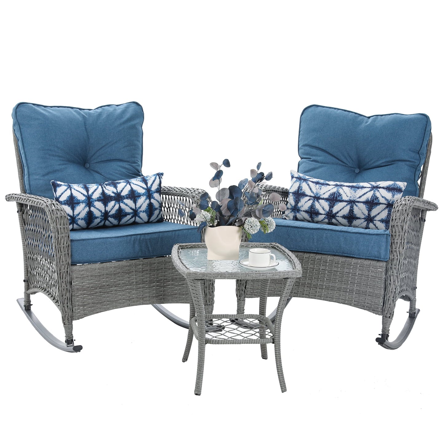 Amopatio 3 Piece Patio Set Rocking, Rattan Outdoor Rocking Patio Bistro Set with 2 Rockers and 1 Side Table with 4‘’ Thick Cushions for Backyard, Porch, Balcony, Poolside