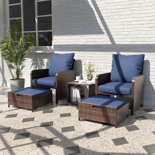 Amopatio 5 Piece Patio Furniture Set, Outdoor Patio Conversation Rattan Chair with Ottomans w/Storage Coffee Table for Patio, Space Saving Design for Balcony Poolside Front Porch Deck, Navy