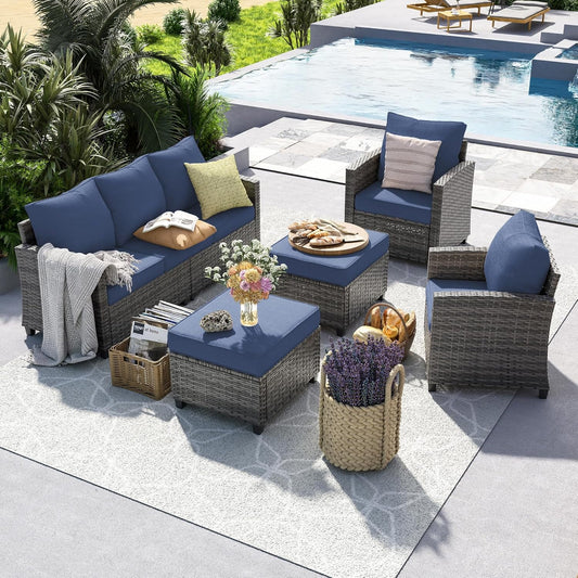 Poteban Patio Furniture Set, 5 Pieces Outdoor Sectional Sofa Set, All-Weather Wicker Rattan High Back Outdoor Conversation Set with Ottoman for Poolside, Backyard, Grey Wicker Navy Blue Cushion