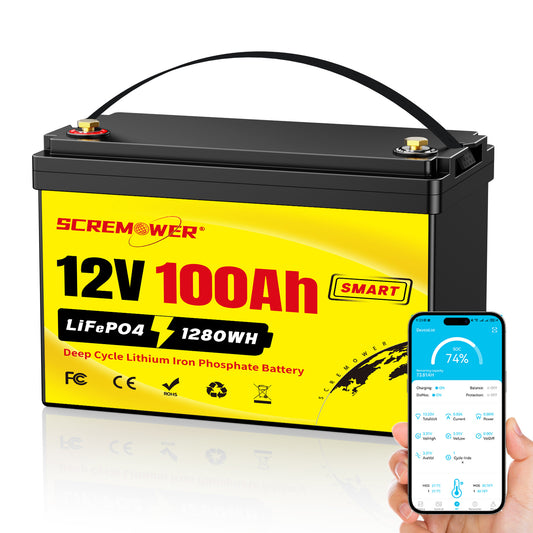 12V 100Ah Lifepo4 Battery Bluetooth,Group 31 Deep Cycle Lithium RV Battery,SCREMOWER 100A BMS Low-Temp Protection for Solar System, Trolling Motors